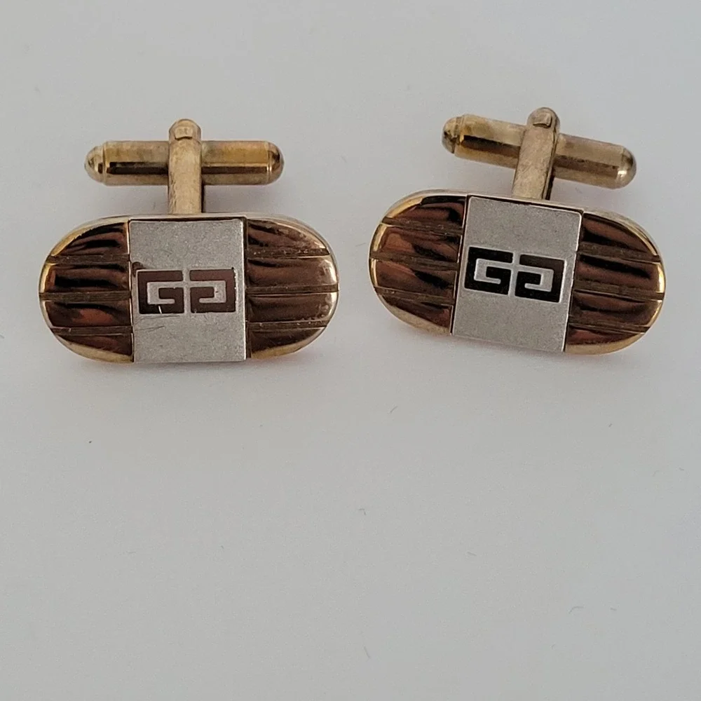 Givenchy‎ Vintage Two Tone Gold Silver Ribbed Oval Cufflinks Mens Accessory